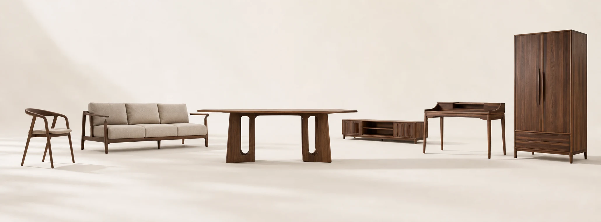 Sample panorama of timber furniture pieces on a warm studio field