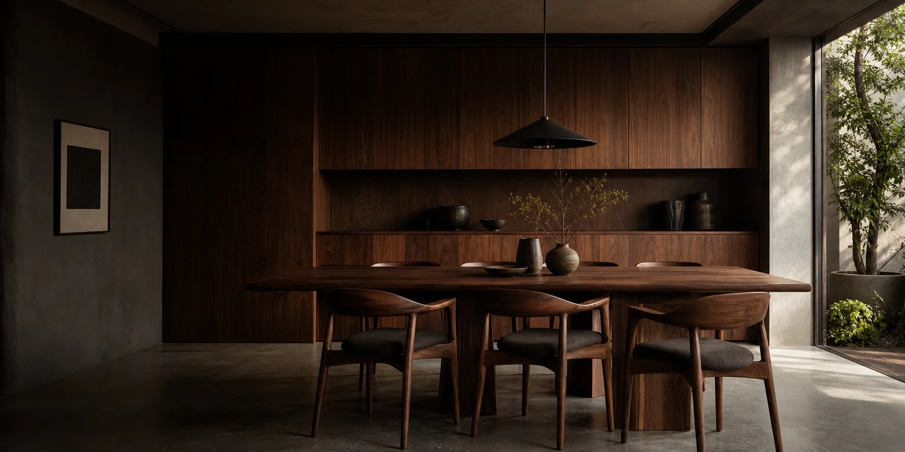 Warm Luckview furniture arranged in a dark walnut showroom