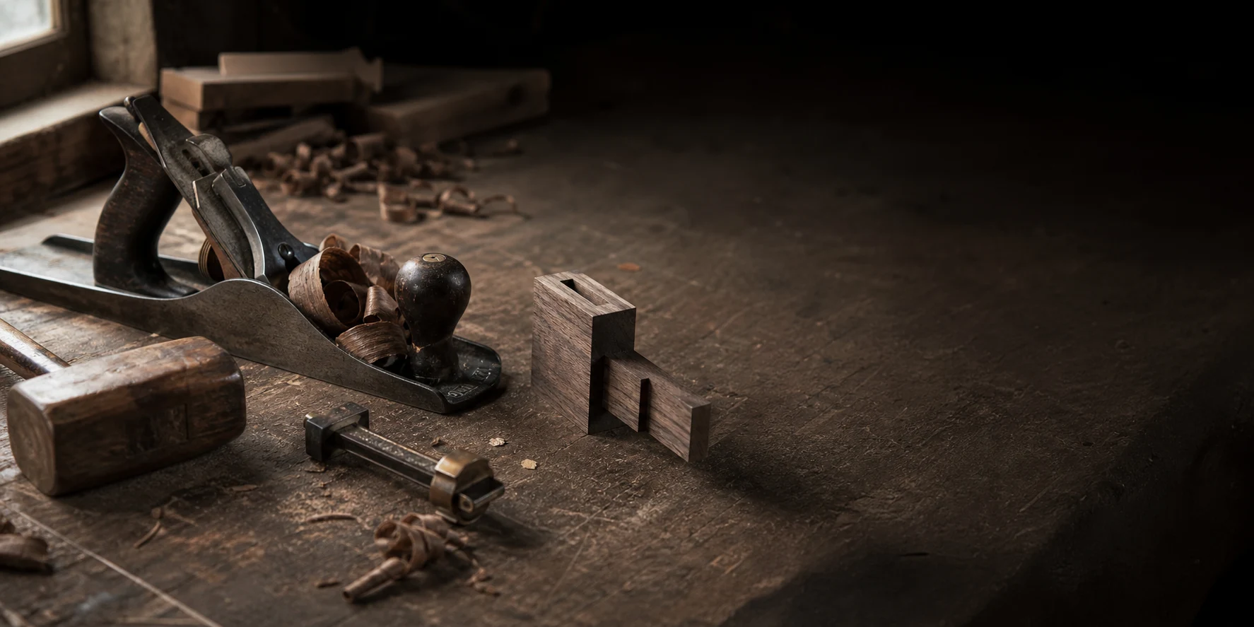 Furniture maker refining a timber joint at a workshop bench